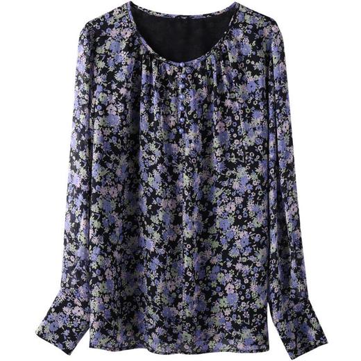 百姿 碎花雪纺衬衫女2023春季新款圆领套头都市时尚长袖雪纺衫 商品图4