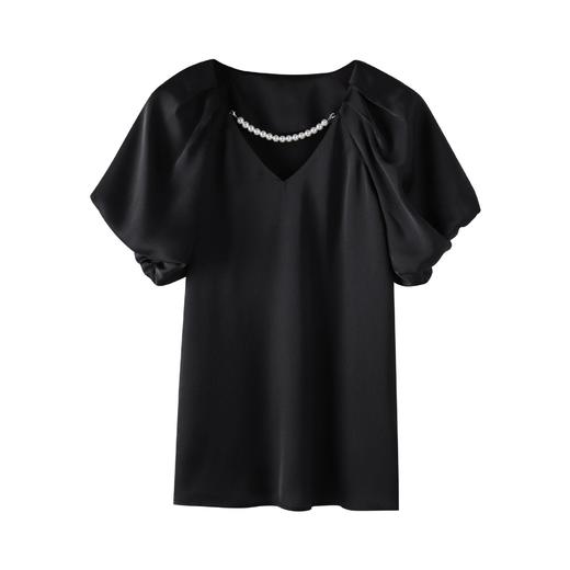 百姿 珍珠链蓬蓬袖雪纺衫女2023夏季新款V领气质短袖衬衫231193 商品图4