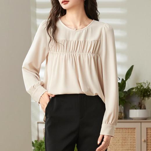 百姿 圆领褶皱雪纺衫2023秋季新款韩版纯色遮肉显瘦优雅长袖衬衫 商品图3