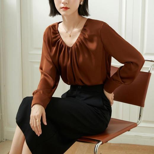 百姿 今年流行雪纺衫2022秋季新款V领洋气小衫褶皱衬衫长袖上衣女 商品图1