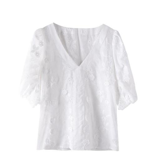 百姿 蕾丝V领短袖上衣2023夏季新款纯棉名媛气质蕾丝衫女231196 商品图4