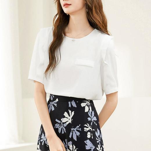 百姿 新款简约圆领短袖雪纺衬衫女百搭小衫薄款231170 商品图4