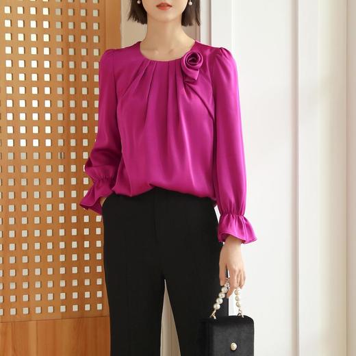 百姿 新款雪纺上衣长袖女圆领气质纯色立体玫瑰花雪纺衫 商品图0