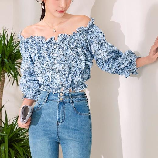 百姿 新款法式短款木耳边小衫甜美套头露脐时尚短袖衬衫 商品图2