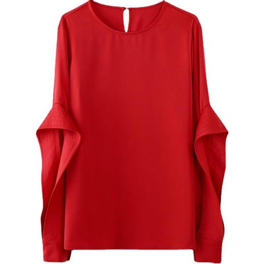 百姿 秋季新款韩版修身显瘦圆领套头红色梭织女士雪纺衫上衣 商品图4