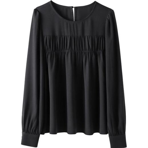 百姿 圆领褶皱雪纺衫2023秋季新款韩版纯色遮肉显瘦优雅长袖衬衫 商品图4