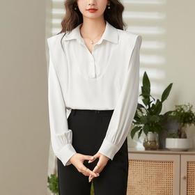 百姿 翻领拼接衬衫2023秋季新款设计感小众名媛气质长袖衬衣23106
