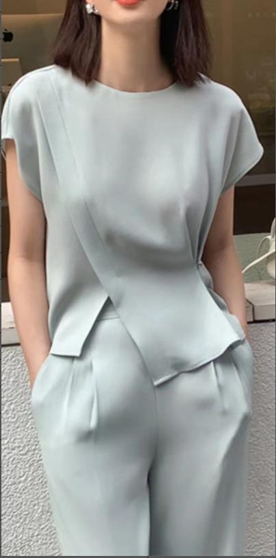 百姿 名媛小众气质无袖雪纺衫2023夏季新款圆领小衫上衣女231209 商品图2