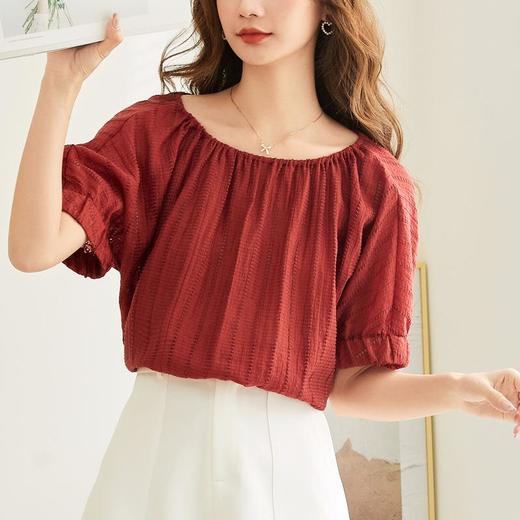 百姿 新款圆领褶皱雪纺衫褶皱显瘦气质短袖防晒上衣女 商品图2