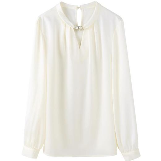 百姿 气质优雅雪纺衫2022秋季新款小衫V领钉珠褶皱长袖法式上衣女 商品图4