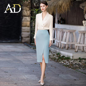 AD职场轻熟风两件套女秋季新款杏色设计感长袖衬衫工衣包臀西装裙