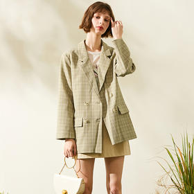 欧芮儿2019秋新品双排扣长袖牛油果绿小西装外套宽松格子女上衣