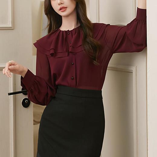 百姿 透视甜美长袖衬衫2023秋季新款气质翻领雪纺衫231303 商品图3