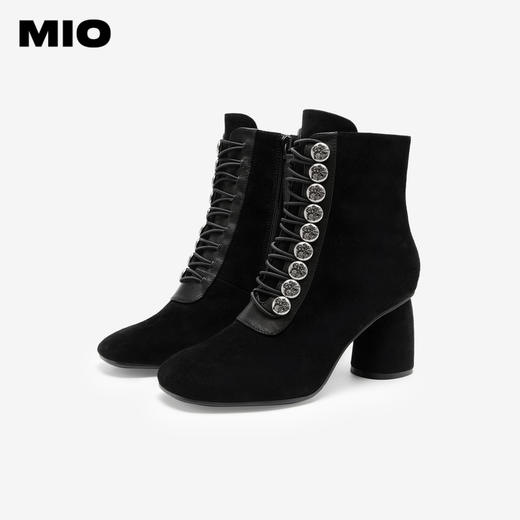 MIO米奥冬季方头短筒时装靴复古摩登金属饰扣宴会高跟靴女M235603045 商品图3