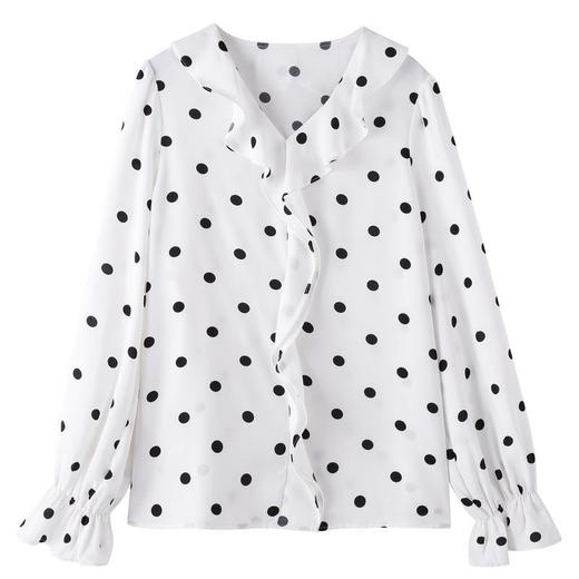 百姿 甜美波点喇叭袖衬衫2023秋季新款V领高级感雪纺衫女231305 商品图4