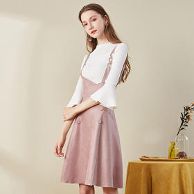 欧芮儿 2018秋装喇叭袖白色毛衫女+吊带连衣裙女中长款套装裙