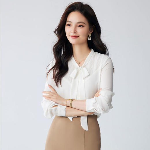 【气质飘带领】罗蒙女式长袖衬衫亲肤舒适简约大方优雅时尚开衫衬衫女 商品图2