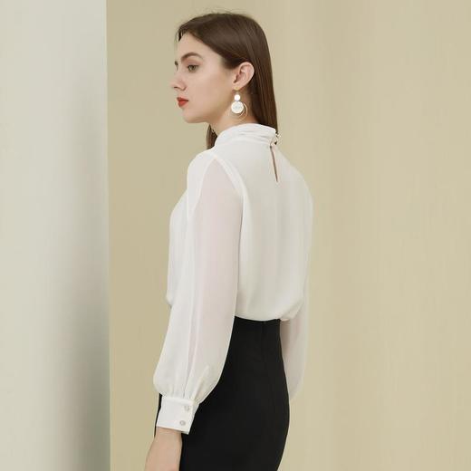 百姿 2023秋季新款名媛长袖套头衬衫韩版褶皱性感透视雪纺衫91019 商品图3