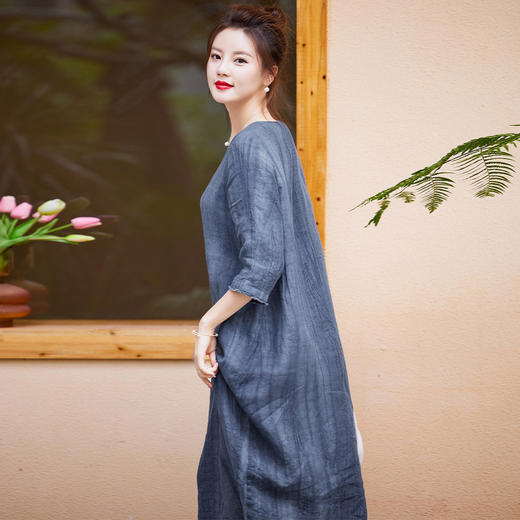 HM-S298秋季原创新款慵懒水洗亚麻做皱须边文艺连衣裙宽松复古袍子七分袖 商品图2