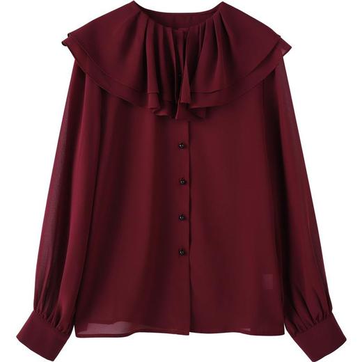 百姿 透视甜美长袖衬衫2023秋季新款气质翻领雪纺衫231303 商品图4