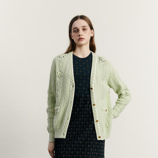 谜底V领针织开衫女2023秋新款复古文艺中长款针织衫长袖233MZ1280 商品图0