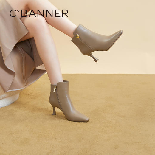 千百度羊皮时装靴秋冬细高跟短靴子女鞋真皮显瘦气质保暖A23577227 商品图2