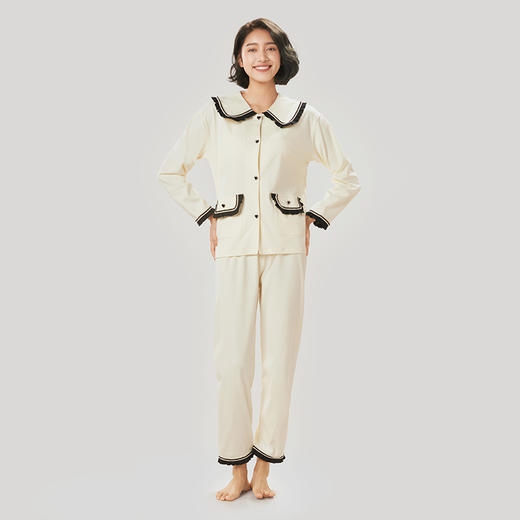 都市丽人舒适外出女士睡衣双面无尘棉女士棉质薄款长袖长裤类家居服套装LH31K6 商品图1