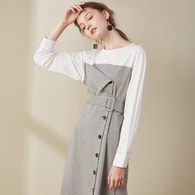欧芮儿2018秋装新款收腰假两件格子衬衫连衣裙女中长款