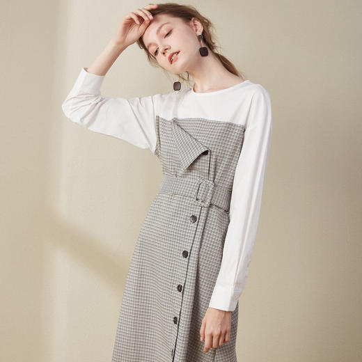欧芮儿2018秋装新款收腰假两件格子衬衫连衣裙女中长款 商品图0