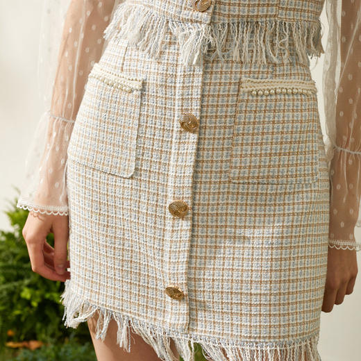 欧芮儿2019秋新蕾丝格子上衣+流苏半身裙两件套小香风时尚套装 商品图2