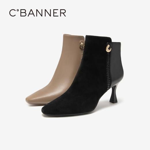 千百度羊皮时装靴秋冬细高跟短靴子女鞋真皮显瘦气质保暖A23577227 商品图4