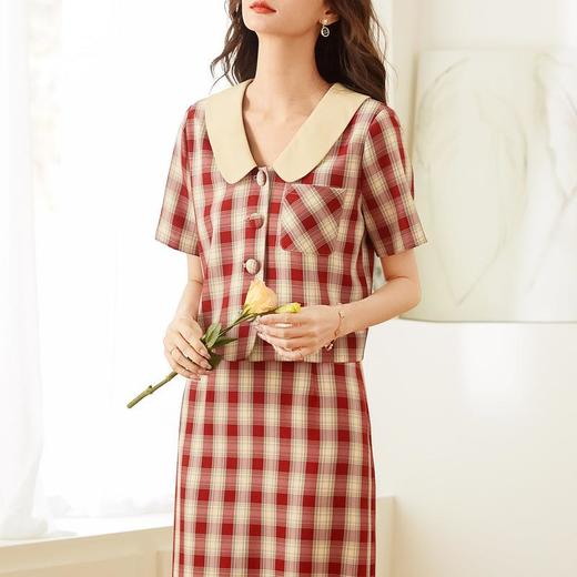 百姿 娃娃领格纹短袖衬衫女2023春夏新款复古千鸟格开衫上衣女 商品图2