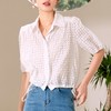 百姿 系带短袖衬衫女韩版透视网纱小众翻领衬衣女装 商品缩略图0