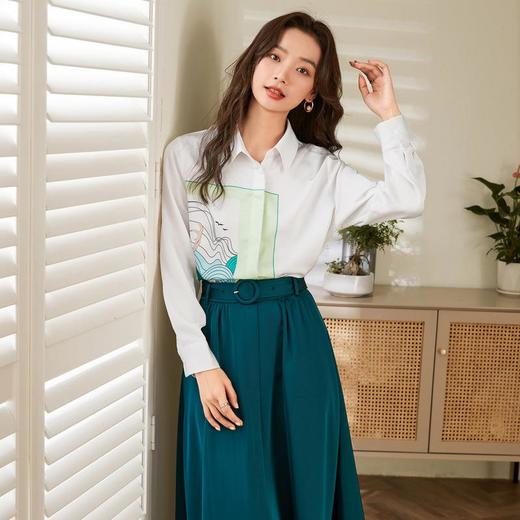 百姿 绘画翻领衬衫2023秋季新款纯色气质OL长袖上衣衬衫女231032 商品图2