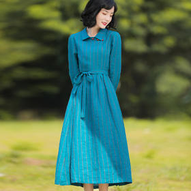 HM-S209秋季新款复古条纹长袖亚麻连衣裙文艺翻领显瘦大裙摆长裙S209