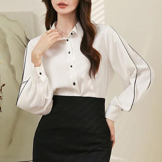 百姿 撞色灯笼袖长袖衬衫女2023秋季新款优雅宽松百搭上衣231244 商品图2