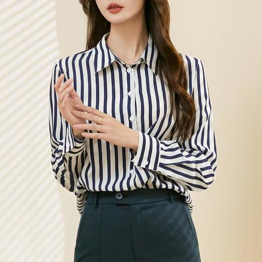 百姿 条纹自留款翻领衬衣2023早秋新款长袖气质OL衬衫女231240 商品图2