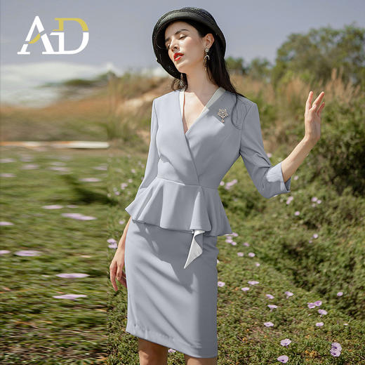 AD法式优雅v领连衣裙女职业装工作服蓝灰色美容院技师工装 商品图0