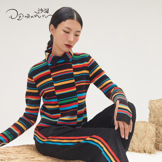 羊绒彩条翻领女套衫SJF95W273K 商品图5