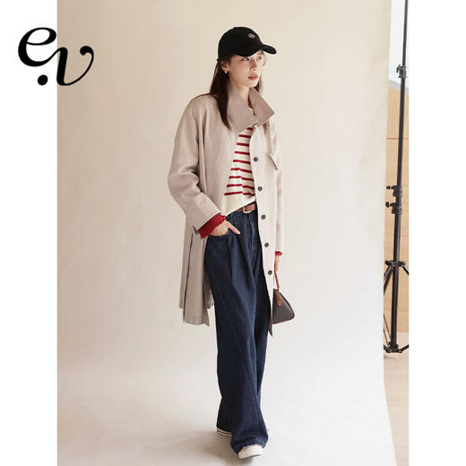 Even Vintage | 韩国进口面料 经典纽扣可翻领早秋袖口条纹风衣女 商品图0