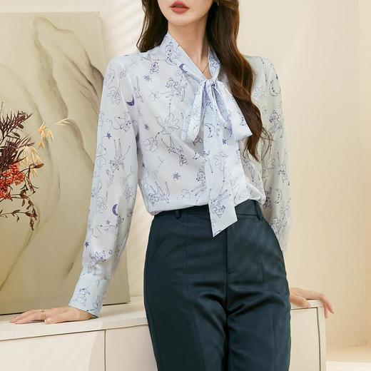 百姿 秋意微凉印花蝴蝶结衬衣2023早秋新款气质长袖衬衫女231243 商品图3