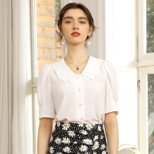 百姿 新款纯色直筒型泡泡袖雪纺衫娃娃领单排扣开衫短袖 商品图1