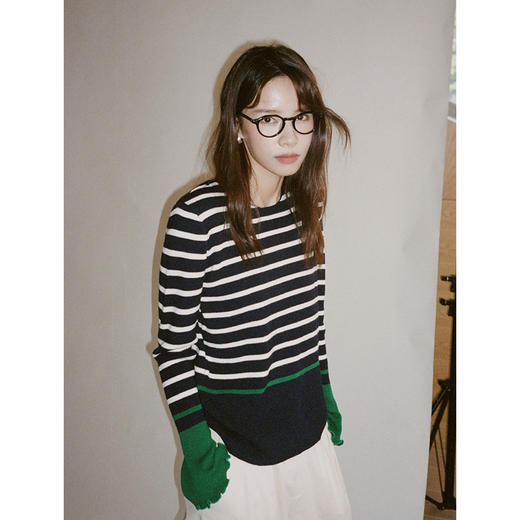 Even Vintage | 利落优雅 原创简约气质荷叶边条纹针织衫女早秋 商品图1