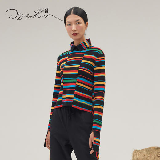 羊绒彩条翻领女套衫SJF95W273K 商品图2