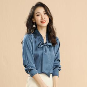 百姿 2023秋季女装V领上衣套头蝴蝶结系带雪纺长袖气质衬衫女