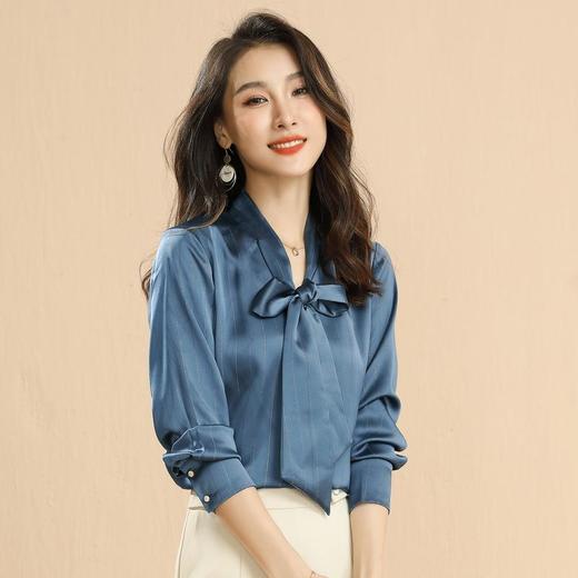 百姿 2023秋季女装V领上衣套头蝴蝶结系带雪纺长袖气质衬衫女 商品图0