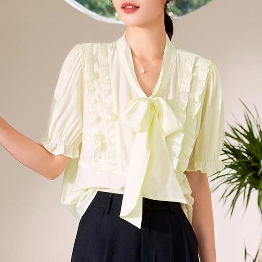 百姿 蝴蝶结木耳边衬衫女2023夏季新款法式优雅直筒短袖女装衬衣 商品图3