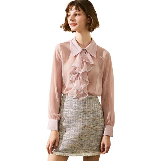 欧芮儿2019秋装新品两件套长袖粉色衬衫+小香风半身裙时尚套装 商品图3