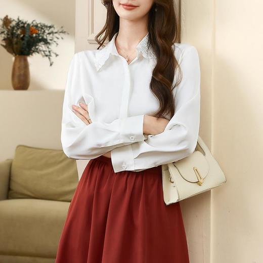 百姿 都市丽人刺绣翻领长袖衬衫女2023早秋新款纯色上衣231222 商品图2