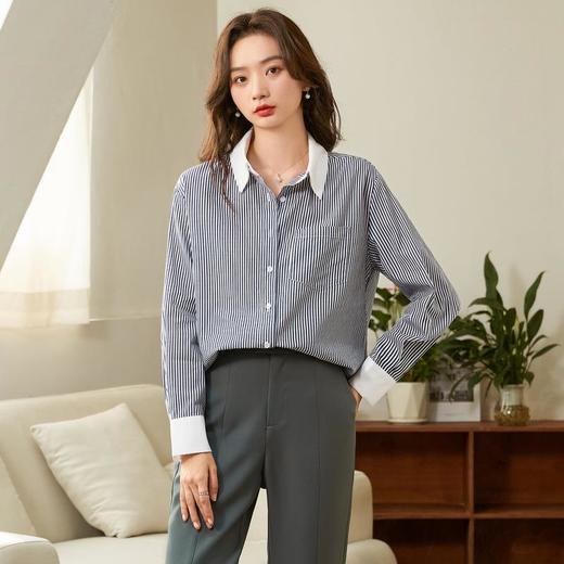 百姿 竖纹长袖衬衫2023秋季新款都市翻领单排扣纯棉直筒衬衣女 商品图1